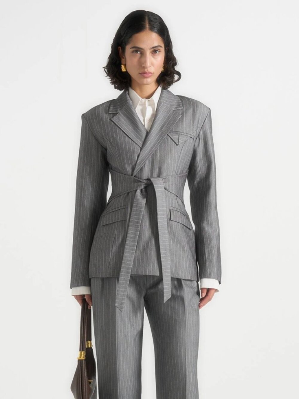 Manière de Voir Delphine Pinstripe Wrap Tie Blazer Black US 2 - Picture 3 of 9